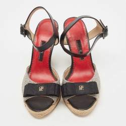 مملوكة مسبقًا CH Carolina Herrera Black/Grey Leather and Canvas Wedge Ankle Strap Sandals Size 36