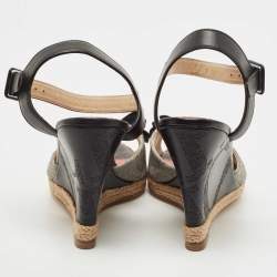 مملوكة مسبقًا CH Carolina Herrera Black/Grey Leather and Canvas Wedge Ankle Strap Sandals Size 36