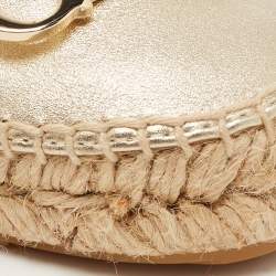 Pre Owned CH Carolina Herrera Gold Leather Logo Buckle Espadrille Flats Size 38