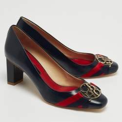 Pre Owned CH Carolina Herrera Blue Leather Logo Round Toe Pumps Size 37