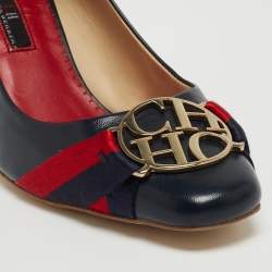 Pre Owned CH Carolina Herrera Blue Leather Logo Round Toe Pumps Size 37
