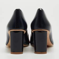 Pre Owned CH Carolina Herrera Blue Leather Logo Round Toe Pumps Size 37