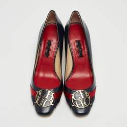 Pre Owned CH Carolina Herrera Blue Leather Logo Round Toe Pumps Size 37