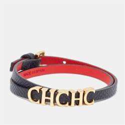 Pre Owned CH Carolina Herrera Black Leather Logo Double Wrap Bracelet