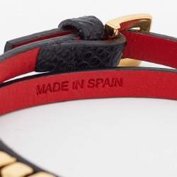 Pre Owned CH Carolina Herrera Black Leather Logo Double Wrap Bracelet