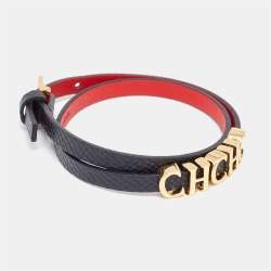 Pre Owned CH Carolina Herrera Black Leather Logo Double Wrap Bracelet