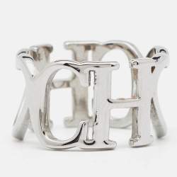 CH Carolina Herrera Silver Tone Logo & Heart Band Ring Size EU 53