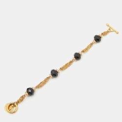 Carolina Herrera Crystals Gold Tone Multi Strand Black Beaded Toggle Bracelet