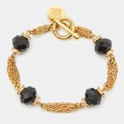 Carolina Herrera Crystals Gold Tone Multi Strand Black Beaded Toggle Bracelet