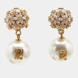 Pre Owned Carolina Herrera CH Crystals Faux Pearl Gold Tone Earrings