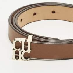 Pre Owned CH Carolina Herrera 85 CM Slim Buckle Belt Brown Leather