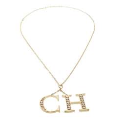 Pre Owned CH Carolina Herrera Faux Pearl Logo Charm Gold Tone Long Pendant Necklace