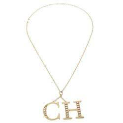 Pre Owned CH Carolina Herrera Faux Pearl Logo Charm Gold Tone Long Pendant Necklace
