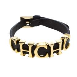 Pre Owned CH Carolina Herrera Brown Leather Gold Tone Logo Charm Bracelet