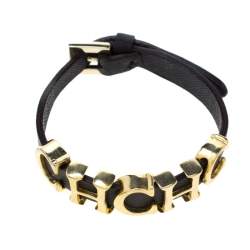 Pre Owned CH Carolina Herrera Brown Leather Gold Tone Logo Charm Bracelet