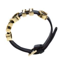 Pre Owned CH Carolina Herrera Brown Leather Gold Tone Logo Charm Bracelet