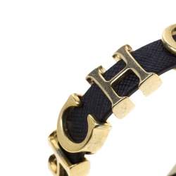 Pre Owned CH Carolina Herrera Brown Leather Gold Tone Logo Charm Bracelet