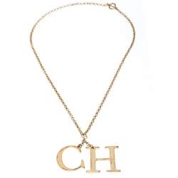 Pre Owned CH Carolina Herrera Logo Charm Gold Tone Long Toggle Pendant Necklace