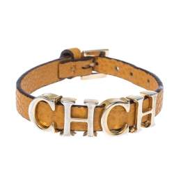 Pre Owned CH Carolina Herrera Yellow Leather Gold Tone Logo Charm Bracelet