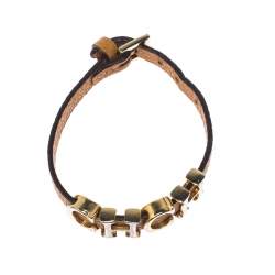 Pre Owned CH Carolina Herrera Yellow Leather Gold Tone Logo Charm Bracelet