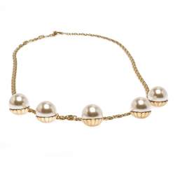 CH Carolina Herrera Faux Pearl Gold Tone Long Chain Link Necklace