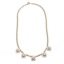 CH Carolina Herrera Faux Pearl Gold Tone Long Chain Link Necklace