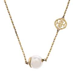 Pre Owned CH Carolina Herrera Faux Pearl Gold Tone Station Necklace