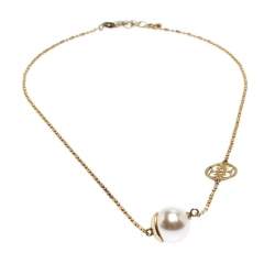 Pre Owned CH Carolina Herrera Faux Pearl Gold Tone Station Necklace