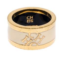 Pre Owned CH Carolina Herrera Cream Enamel Gold Tone Band Ring Size 52