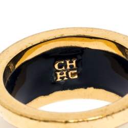 Pre Owned CH Carolina Herrera Cream Enamel Gold Tone Band Ring Size 52