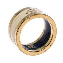 Pre Owned CH Carolina Herrera Cream Enamel Gold Tone Band Ring Size 52