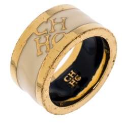 Pre Owned CH Carolina Herrera Cream Enamel Gold Tone Band Ring Size 52