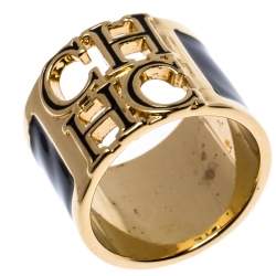 Pre Owned CH Carolina Herrera Logo Black Enamel Gold Tone Wide Band Ring Size 56