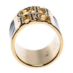 Pre Owned CH Carolina Herrera Logo Black Enamel Gold Tone Wide Band Ring Size 56
