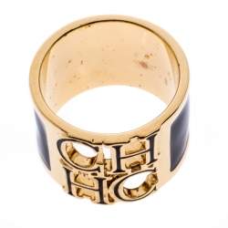 Pre Owned CH Carolina Herrera Logo Black Enamel Gold Tone Wide Band Ring Size 56