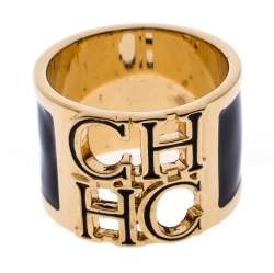 Pre Owned CH Carolina Herrera Logo Black Enamel Gold Tone Wide Band Ring Size 56