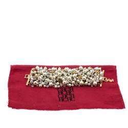 Pre Owned CH Carolina Herrera Crystal Faux Pearl Gold Tone Wide Bracelet