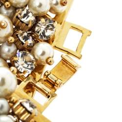 Pre Owned CH Carolina Herrera Crystal Faux Pearl Gold Tone Wide Bracelet