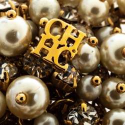 Pre Owned CH Carolina Herrera Crystal Faux Pearl Gold Tone Wide Bracelet