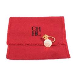 Pre Owned Carolina Herrera Gold Tone Mother of Pearl CH Moon Ring Size EU 53