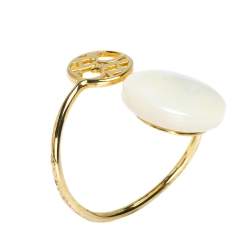 Pre Owned Carolina Herrera Gold Tone Mother of Pearl CH Moon Ring Size EU 53