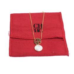 Pre Owned Carolina Herrera Gold Tone Mother of Pearl CH Moon Necklace