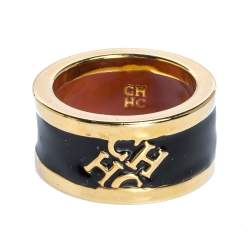 Pre Owned CH Carolina Herrera Black Enamel Gold Tone Band Ring EU 55