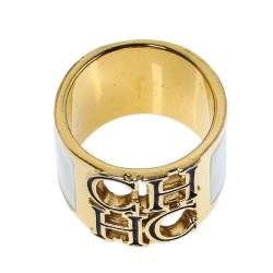Pre Owned CH Carolina Herrera Logo White Enamel Gold Tone Wide Band Ring