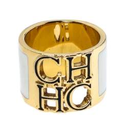 Pre Owned CH Carolina Herrera Logo White Enamel Gold Tone Wide Band Ring