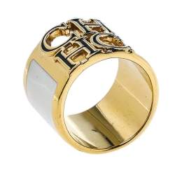 Pre Owned CH Carolina Herrera Logo White Enamel Gold Tone Wide Band Ring