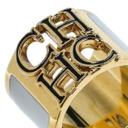 Pre Owned CH Carolina Herrera Logo White Enamel Gold Tone Wide Band Ring