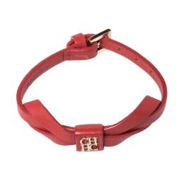 Pre Owned CH Carolina Herrera Red Leather Ribbon Motif Gold Tone Bracelet