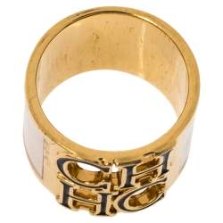 Pre Owned CH Carolina Herrera Cream Enamel Wide Band Ring Size EU 56