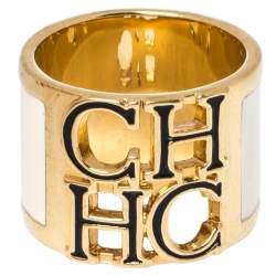 Pre Owned CH Carolina Herrera Cream Enamel Wide Band Ring Size EU 56